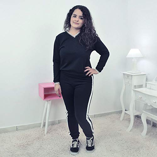 Conjunto Moletinho Preto Feminino - Faixas na lateral estilo Adidas