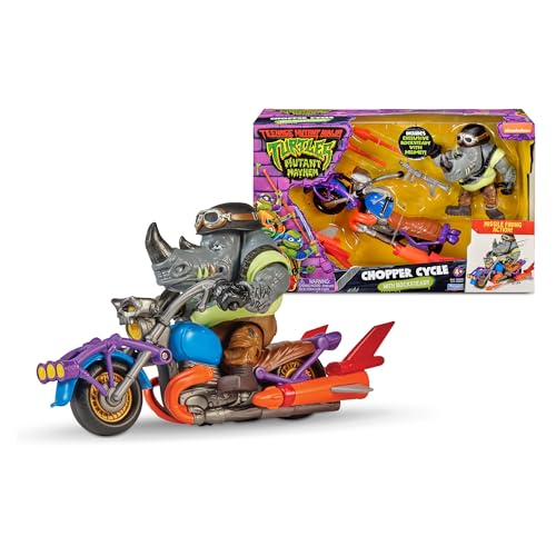 TORTUGAS NINJA – Rockstedy Chopper Cycle, veículo e figura de Rockstedy, Moto dispara mísseis, acessórios e personagens do filme tartarugas caos mutante, 4 anos, famosa (TU803400)