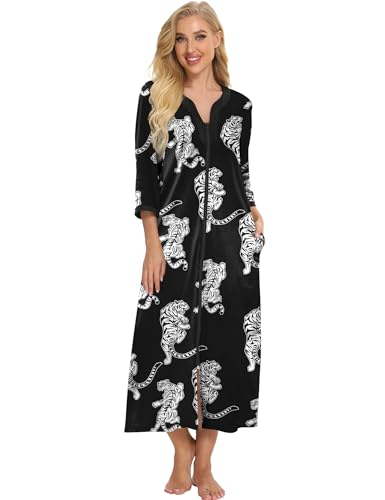 Image of Bloggerlove House Dresses for Women Zip Up Robes Soft Cotton Nightgown Half Sleeve House Coat Long Night Gowns Sleepwear
