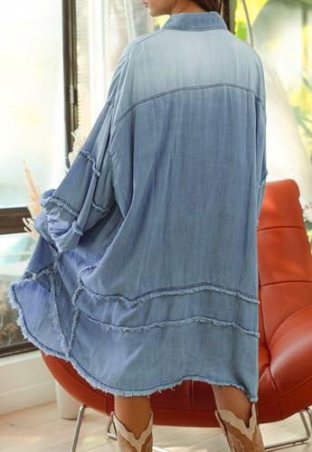 loveimgs Women Casual Long Denim Shirt Jacket Distressed Button Up Shacket Patchwork Boyfriend Denim Jean Cardigan4