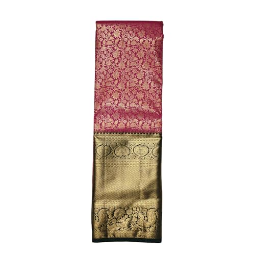 Traditional Kanchipuram Silk Saree, Gold & Green Zari Border, Floral Pattern, Reception Wear with unstitched b