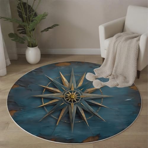 Tapis boussole rétro rond bleu doux texture marine 120cm