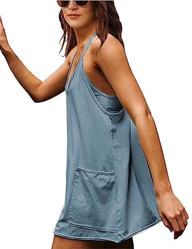IQSQSQ Vestido feminino sem mangas atlético Hot Shot com shorts embutidos, Azul, cinza, PP
