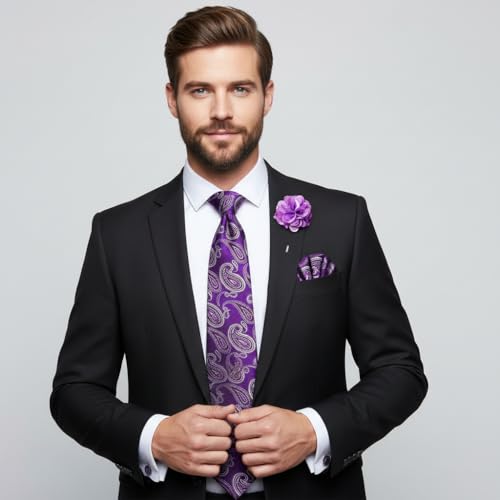 Image of 5PCS Mens Silk Designer Tie, Pocket Square, Cufflinks, Drilled Tie Ring and Lapel Pin Set for Wedding Groom Party