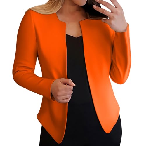 Womens Cropped Blazer Collarless Suits & Blazers Open Front Jackets 3/4 Ruched Sleeves Outerwear Half Linen Cardigan Orange
