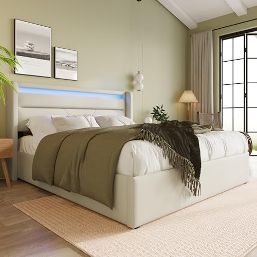 Cama de almacenamiento hidráulico con tira de iluminación LED, cama doble tapizada, 140 x 200 cm, cama funcional, color blanco (con mando a distancia)