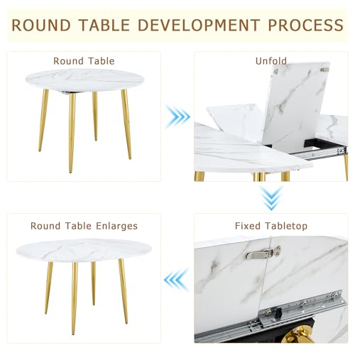 Image of Round Dining Table Set for 6, 42-54 inch Expandable Dining Table with 6 PU Upholstered Chairs, Engineered Wood Top, Space-Saving Round Kitchen & Dining Room Table Set(1 Table + 6 White Chairs)