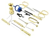 Kingfisher Fly Tying Comprehensive Tool Kit, with Case, Scissors, Bobbin, Bodkin, Whip Finisher, Hackle Plier, Hair Stacker 11 Piece, Brass