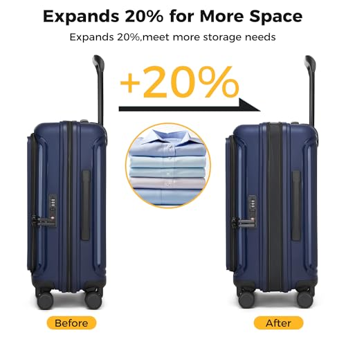 20“ Expandable Carry on Luggage Front Opening, 22x14x9 Airline Approved Hardshell Spinner Carry-on Suitcase with Wheels, TSA Lock, Lightweight Durable Travel Luggage (Dark Blue, 20 inch)2