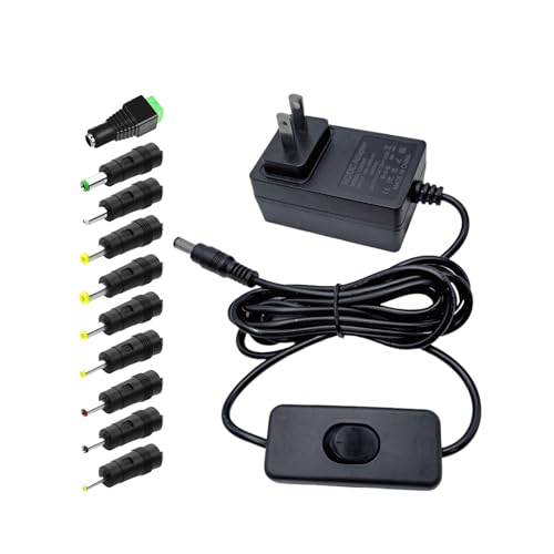12V 0.5A 500mA DC Power Supply AC Adapter 6.2FT 12V DC Power Cord with Swich AC/DC 100~240V to 12Volt 500mA 6W Universal Power Converter Transformer with 5.5 x 2.5mm Plug & 10 Replaceable Tips