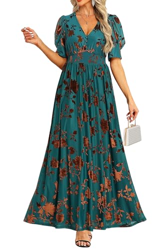 Fall Wedding Guest Dress for Women Burnout Teal Green Floral Velvet Maxi Formal Long Holiday Elegant Autumn Dresses 2025