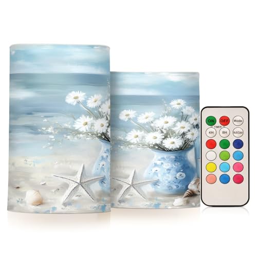 Image of Ocean Beach Seascape Vase Starfish Shell Flickering Flameless Candles LED Battery Operated with Remote Timer Pillar Candles for Home Birthday Wedding Christmas Decor, Set of 2