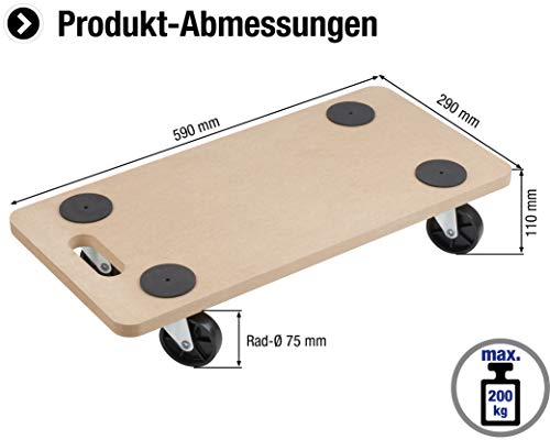 Metafranc Transportroller 590 x 290 mm - 200 kg Tragkraft - MDF-Platte - PP-Räder / Möbelroller / Transporthilfe für Umzug / Rollwagen für Möbel-Transport / Kistenroller aus Holz / 820040