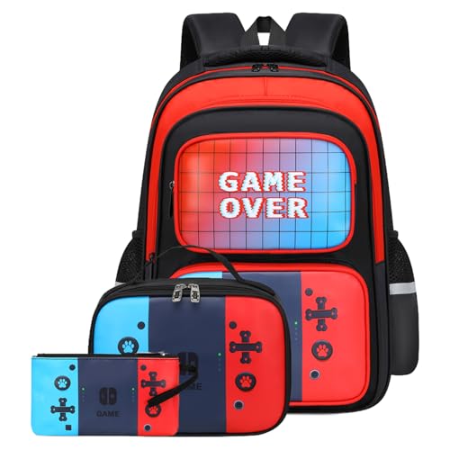 Gamer Backpack Set for Boys 4-12 - School Backpack for Boys,17 Inch 3-in-1 with Lunch Box & Pencil Case, Adj. Straps, Multi Compartment Video Game Backpack (Red)