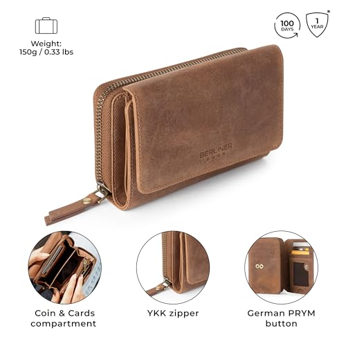 BERLINER BAGS Vintage Genuine Leather Wallet Vienna, RFID Blocking Credit Card Holder, Trifold Clutch Purses, Zip Around Womens Wallet for 19 cards, ID window, Bills, Coins - Brown4