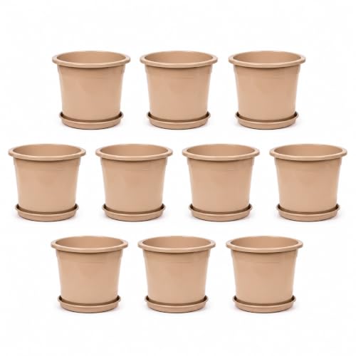 Image of 12 Inch Glossy Dune Beige Plastic Planter with Bottom Plate | Heavy Duty Flower Pot with Tray for Indoor Home Decor, Balcony, Living Room & Outdoor Garden (10 Pot, Dune Beige)