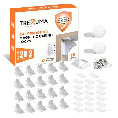 TREZUMA Magnetic Cabinet Locks Baby Proofing (20 Locks + 2 Keys) – Child Proof Cabinet Locks with Easy Adhesive Installation – Child Safety Locks for Kitchen, Cabinets & Drawers with Optional Screws