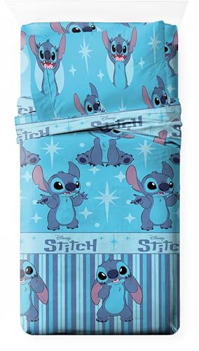 Disney Juego de Sábanas Infantil 3 Piezas Licencia Oficial Marvel (Encimera+Bajera+Almohada) 52% Algodón 48% Poliéster – Cama 90/105 (Stitch Azul, Cama 90cm)