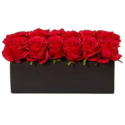 Nearly Natural Dozen Silk Roses in Ceramic Rectangular Planter