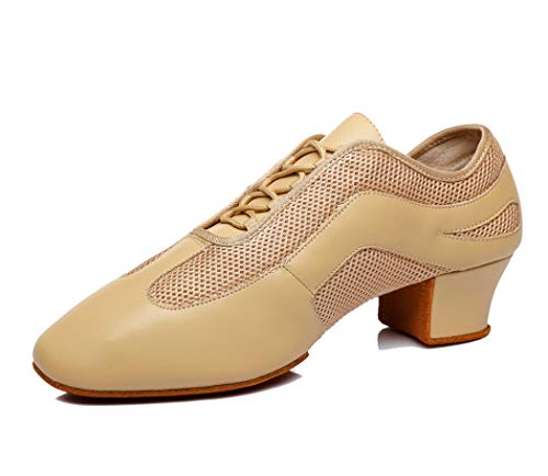 MGM-Joymod Women's Closed Toe Lace-up Breathable Mesh Leather Salsa Practice Chacah Ballroom Latin Modern Dance Shoes/Beige 7.5 M US