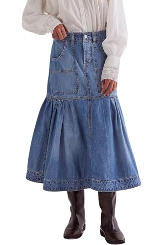 yoeasy Women's Casual Vintage High Waist Denim Maxi Skirts Button Pleated Flowy Swing A Line Long Jean Skirts