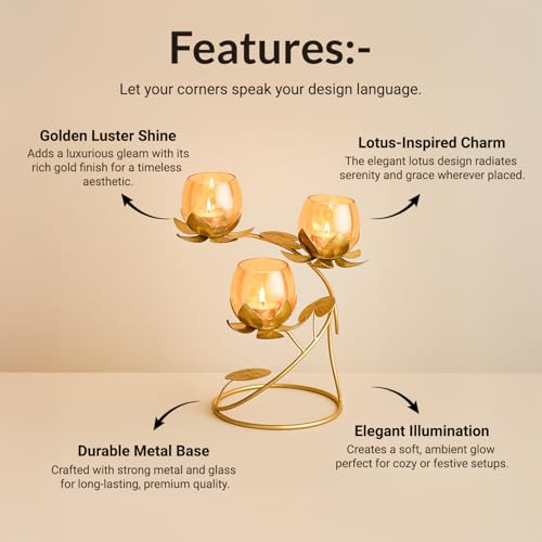 Image of MARKET 99 Metal & Glass 3 Votive T-Light Holder Lotus Shape | Golden Decorative Candle Holder for Diwali, Christmas, Birthday & Wedding | Elegant Home & Living Room Decor for Festive Celebrations