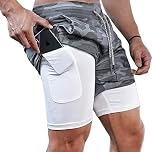 QINFEN YUNDOU Mens Running Gym 2 in 1 Shorts with Pockets Quick Dry Breathable Active Gym Shorts, Double Layer Running Gym Pants (M, Grey)