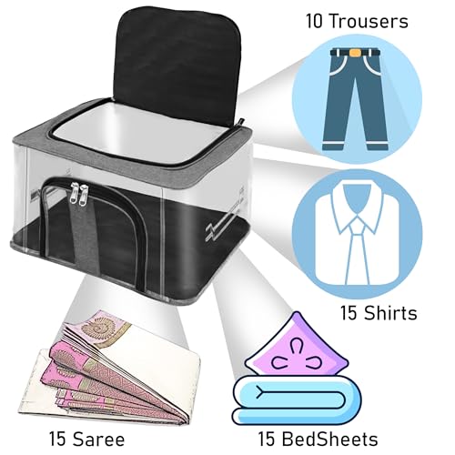 Storite 2 Pack Nylon 33 L PVC Transparent Moisture Proof Storage box for Clothes Closet Wardrobe Organizer for Clothes Saree Bags with Carry Handle (Grey, 44L x 31W x 24H cm)