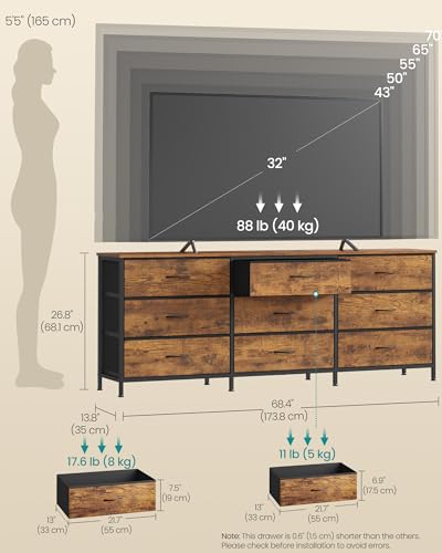 Image of SONGMICS BELLAH Collection - Dresser for Bedroom, TV Stand for TVs Up to 70 Inches, Chest of Drawers for Living Room, Closet, Steel, 9 Drawers, Industrial, Rustic Brown and Ink Black ULGS233KD02S
