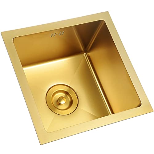 Fregadero de cocina una sola ranura de acero inoxidable cuadrado dorado con tubo de drenaje 36x36cm 2