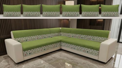 Image of Luxury Sofa Cover L Shape 6 Seater with Matching Cushion Cover 16x16 inch - Olive Green Diamond 3+3 Seater (6 Seater) Quilted Sofa Cover Set Pack of 11, Washable, Olive Green