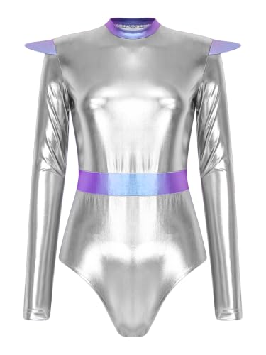 Jumpsuit Alienígena de Mujer: Traje Ajustado de Robot con Cuello Alto y Overoles de Disco