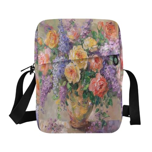 mens messenger bag crossbody crossbody bag men Woman Shoulder Handbags Adjustable Strap for outdoor sports outdoor sports- Roses and Lilacs in A Vase