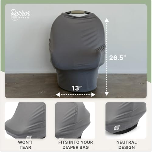 Image of Parker Baby 4 in 1 Car Seat Cover for Girls and Boys - Stretchy Carseat Canopy, Nursing Cover, Grocery Cart Cover, High Chair Cover - inchPewter inch