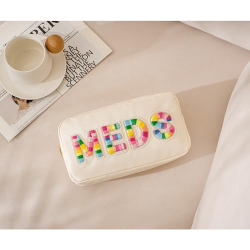 uekeboag Personalized Chenille Letter Patch MEDS Bag,Cute Nylon Drug Medicine Travel Makeup Bag with Zipper, Preppy Vitamin Organizer Bag for Women and Girls (01Beige-Rainbow) - Thumbnail 6