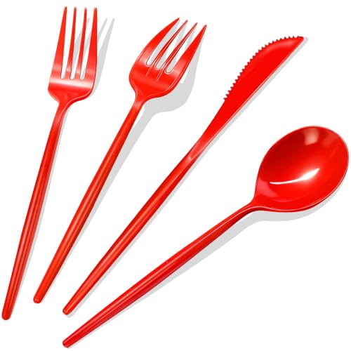 Gudvilla 120pcs Red Plastic Silverware Set Sturdy Red Utensils Disposable Plastic Cutlery Heavy Duty includes Forks and Spoons and Knives Sets for Valentines Day Birthday Graduation Chinese New Year