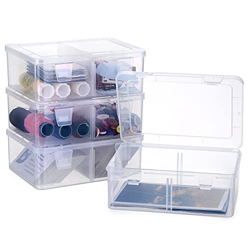 Image of BTSKY 4 Pack Photo Storage Boxes for 4 inchx6 inch Pictures Greeting Card Organizer with Removable Divider Multi-use Plastic Organizer Box for Photos Stickers Stamps Index Cards and Other Craft Storage