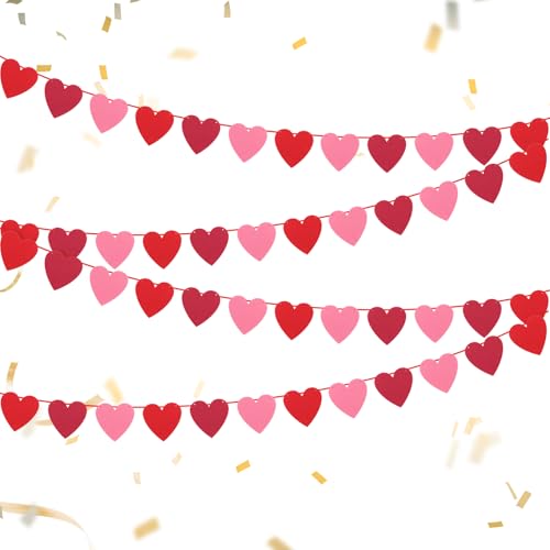 Sliverdew 4pcs Red, Burgundy, Pink Felt Heart Garland for Valentine's Day Decor