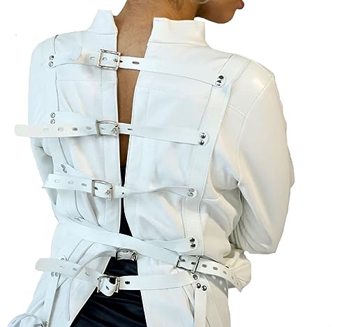 H1E-SIX BDSM Leather Straight jacket,Restraint Heavy Duty Fetish Clubwear Adjustable Strap Body Bondage Harness Jacket (L, White)