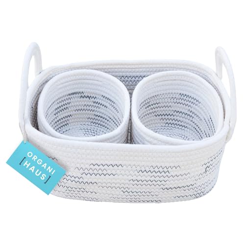 Image of OrganiHaus Set of 3 Rope Nursery Storage Baskets - Baby Basket Nursery Organizers and Storage - Nursery Basket for Baby Toy Basket - Cute Basket for Baby Storage - Small Woven Basket - Grey Stitches