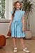 blibean Girl Short Sleeve Dress Tween Kid Summer Boho Ruffle Dresses Preteen Tiered Swing Outfit Solid Flowy Formal Party Fancy Clothes Size 10-11 Years X-Large Light Blue