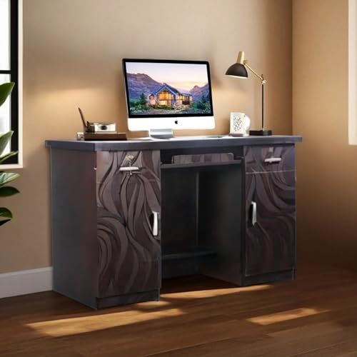 Image of CASPIAN Office /Computer Desk Cum Study Table (Black) | Engineered Wood Pre-Assembled Furniture with 2 Storage Cabinet, 2 Drawers with Key Locks & Keypad Tray | for Office, Home, Living Room, Bedroom