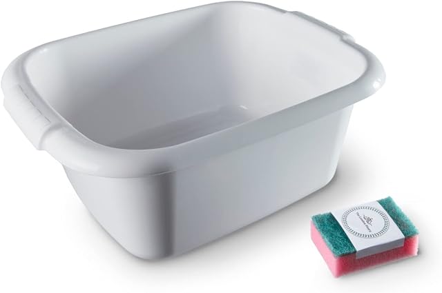 Whitefurze Rectangular Washing Up Bowl With Sponge Scourer Wash Up Dish Washing Washtub, White, 9 Litre, 36 x 29 x 15cm