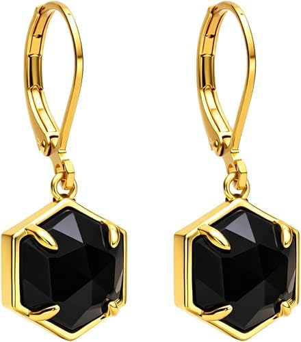 Image of Gempires Genuine Gemstone Drop Earrings for Women | Gold Hexagon Hoop Earrings | Natural Stone Dangle Earrings | Lightweight Everyday Jewellery | Birthstone Earrings (Black Spinel)