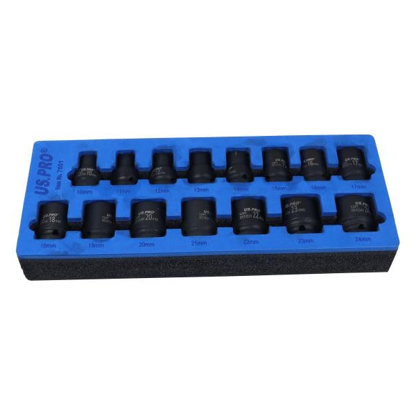 US PRO Tools 15pc 1/2" Dr 12pt Shallow Impact Socket Set 10-24mm 7601