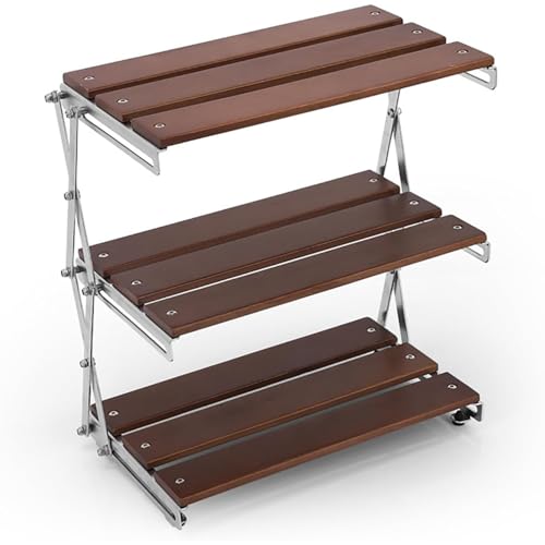 Foxdeban アウトドアラック キャンプ ラック オシャレ キッチンラック 3段 木製 卓上収納ラック 天然木 3段 折りたたみ式 卓上収納 小物置き 組み立て簡単 (木材胡桃木色)