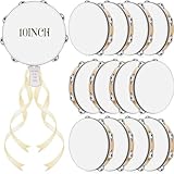 Lukmaa 12 Set 10 Inch Tambourine for Adults Tambourines Bulk Wooden Hand Held Drum with Metal Jingles, Gift Tags, Beige Ribbon Percussion Gift Musical Instrument for Church Wedding Party Favor