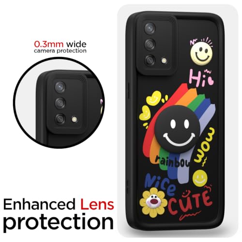 Image of Pikkme Back Cover for Oppo F19 / F19s | Soft Silicone| Cute Rainbow Smile & 3D Cartoon Flower Design | Shockproof Raised Camera Protection Bumper Case (Black)