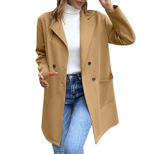 Womens Blazers Business Casual Double Breasted Notch Lapel Long Pea Coat Loose Fit Winter Trench Coat Outwear2