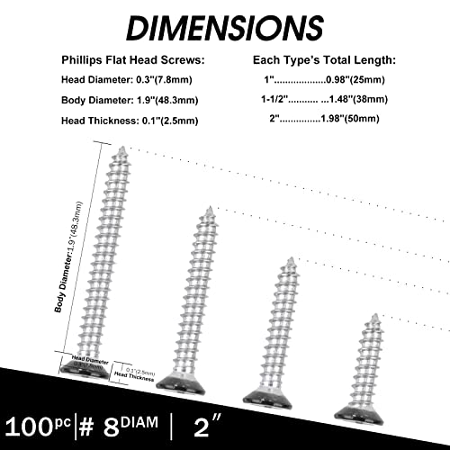 Image of Black Head 100 PCS #8X2 inch Stainless Steel Phillips Flat Head Wood Screws,Stainless Steel 18-8 A2(304) Screw,Home Screw Kit by QISHENG